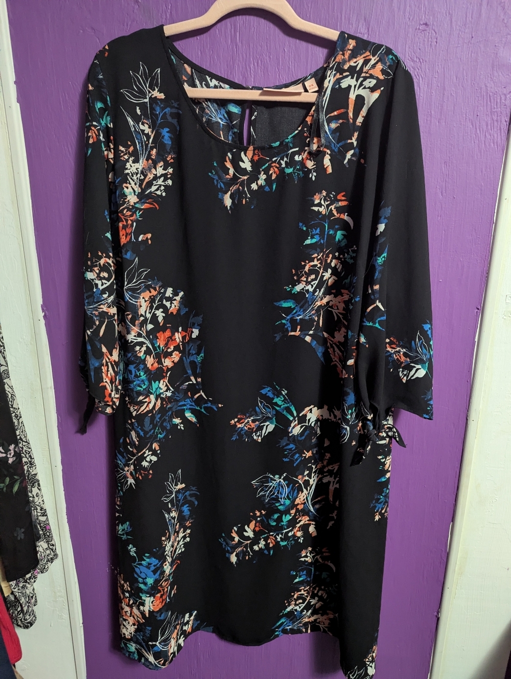 💜 EVRI Black Colorful Floral 3/4 Tie Sleeve Midi Dress 2X 18 20